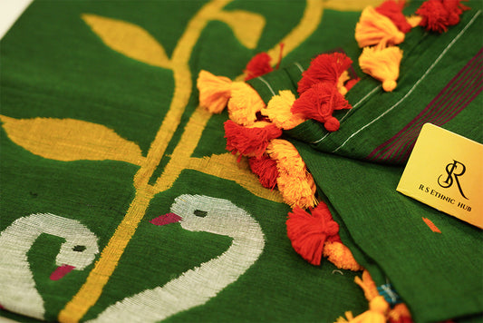 Bottle Green Cotton Jamdani With Flower and Duck Embroidery