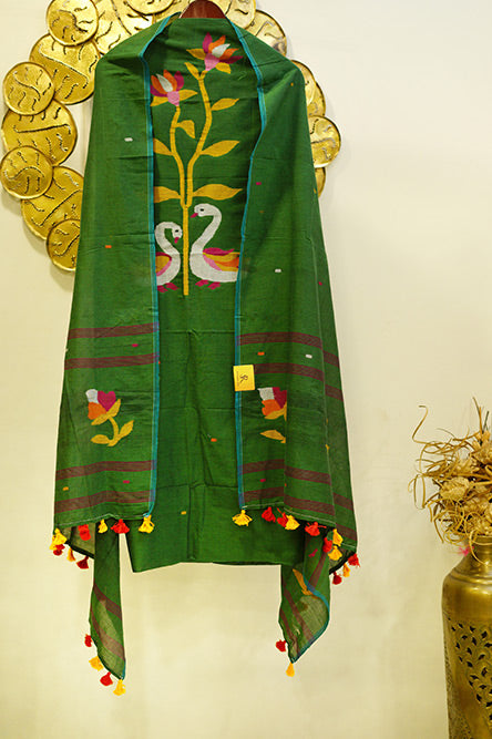 Bottle Green Cotton Jamdani With Flower and Duck Embroidery