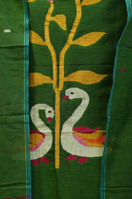 Bottle Green Cotton Jamdani With Flower and Duck Embroidery