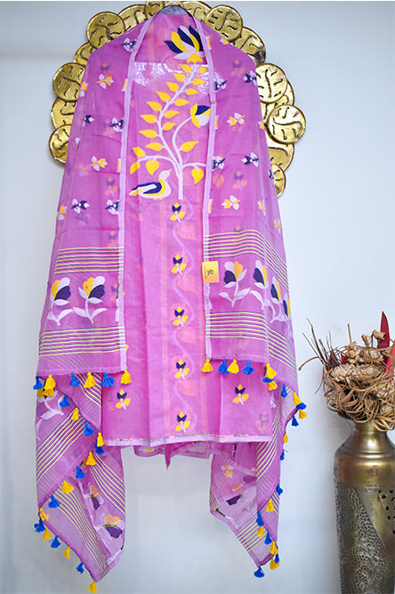 JAMDANI pink jamdani cotton suit with yellow and blue embroidery