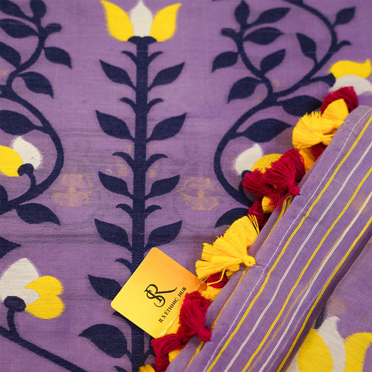 Lavendar Purple Cotton Jamdani Suit with Blue Embroidery
