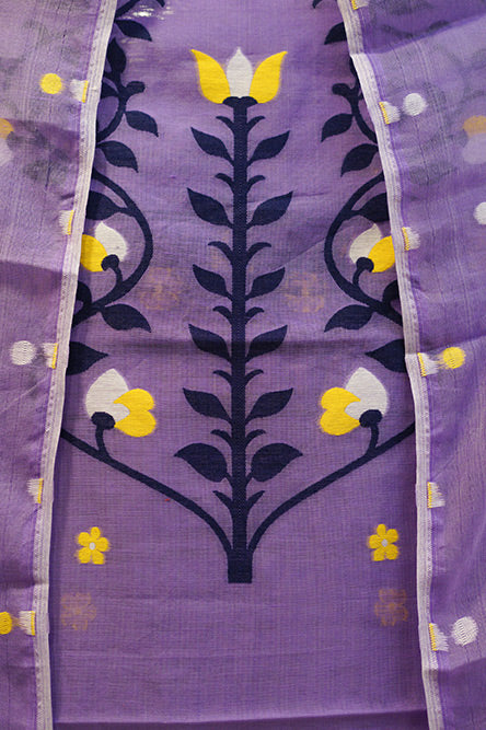 Lavendar Purple Cotton Jamdani Suit with Blue Embroidery
