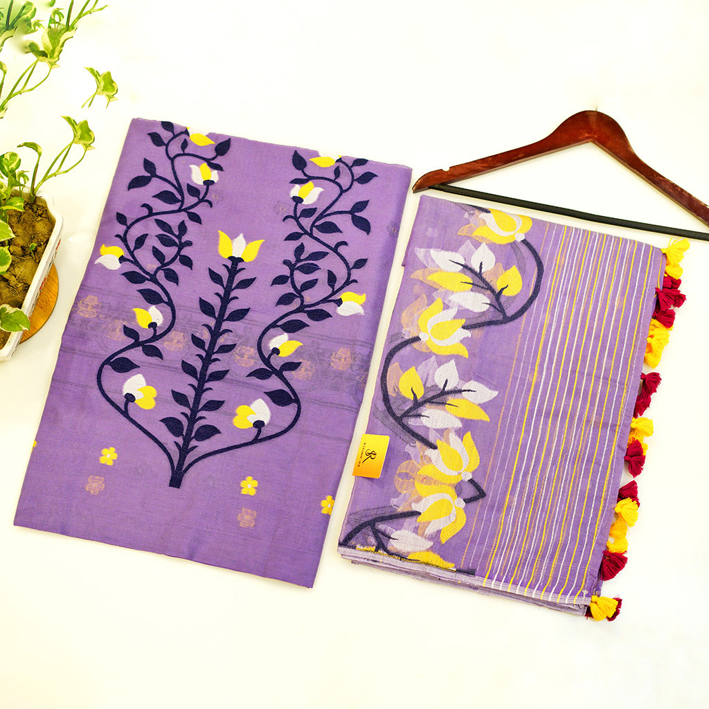Lavendar Purple Cotton Jamdani Suit with Blue Embroidery