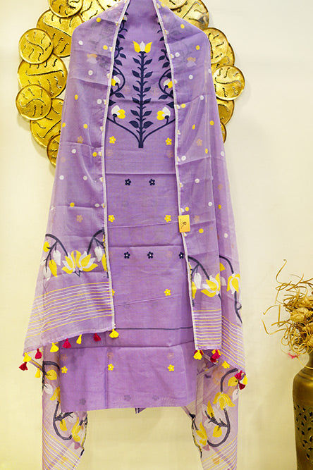 Lavendar Purple Cotton Jamdani Suit with Blue Embroidery