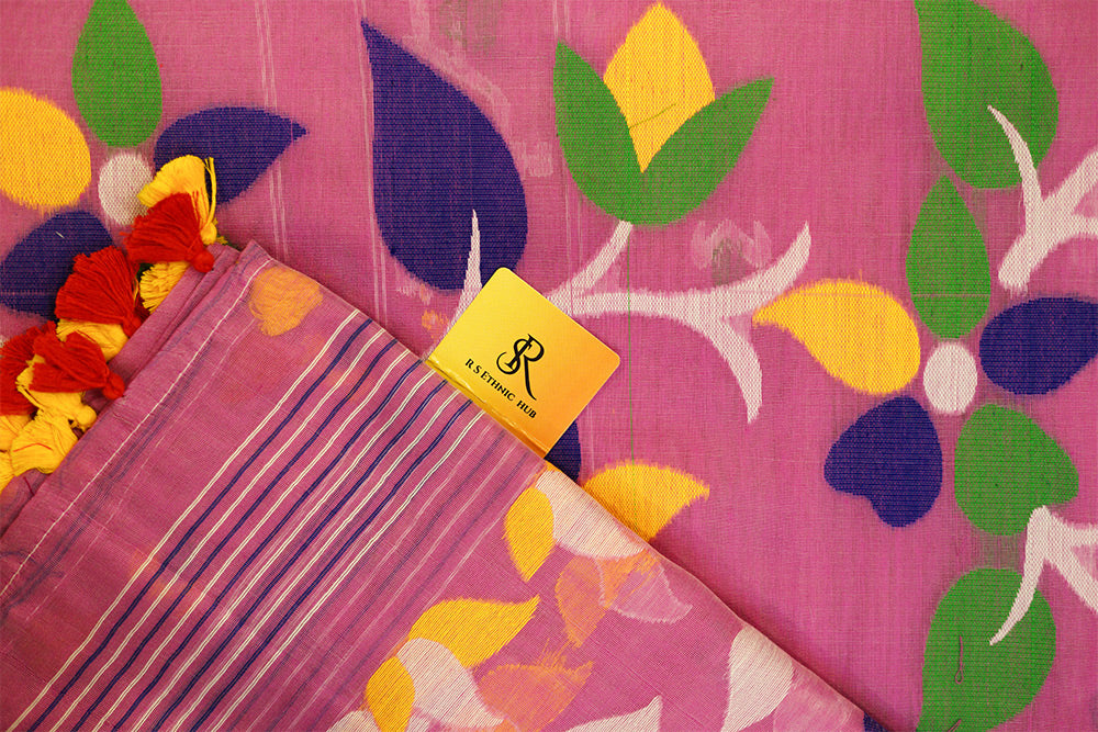 Pink Cotton Jamdani with Blue Embroidery