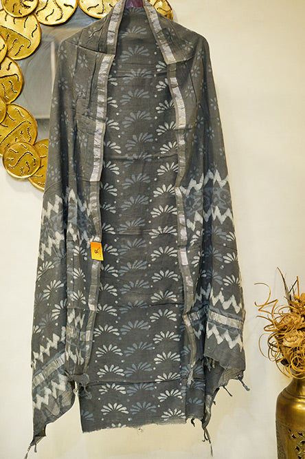 Grey and White Linen Cotton Suit with Cotton Dupatta-