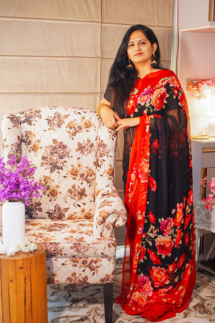 Black and Red Chiffon with Floral Prints