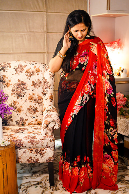 Black and Red Chiffon with Floral Prints