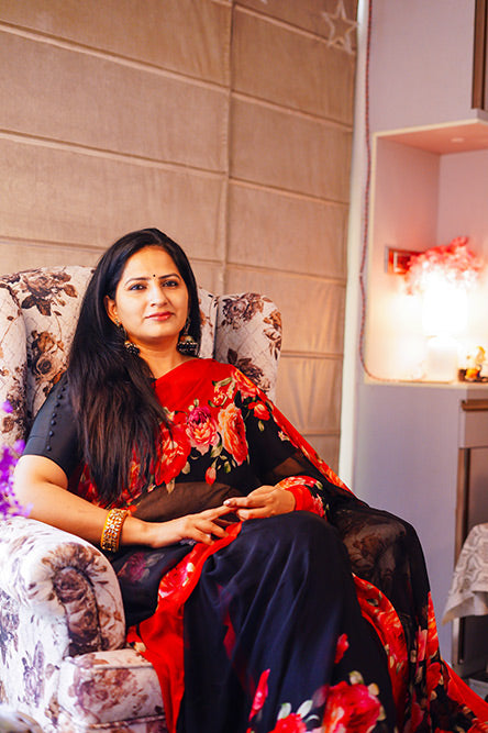 Black and Red Chiffon with Floral Prints