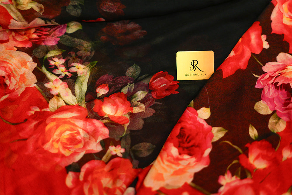 Black and Red Chiffon with Floral Prints
