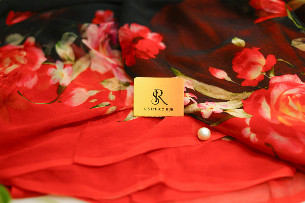 Black and Red Chiffon with Floral Prints