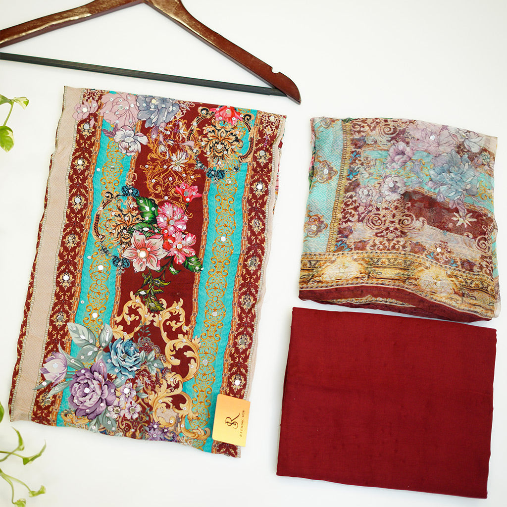 Brown Crepe Suit Chiffon Printed Dupatta in Sequence Work