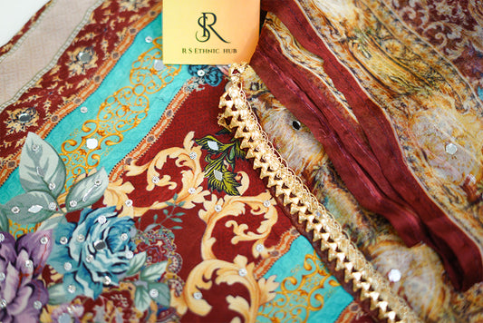 Brown Crepe Suit Chiffon Printed Dupatta in Sequence Work