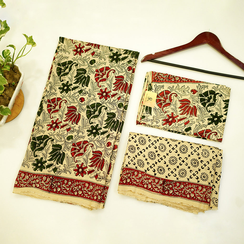 Beige Cotton Modal Suit with Printed Dupatta in Green and Red Prints