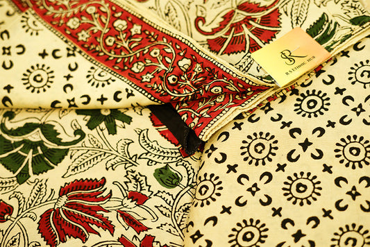 Beige Cotton Modal Suit with Printed Dupatta in Green and Red Prints