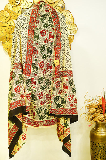 Beige Cotton Modal Suit with Printed Dupatta in Green and Red Prints