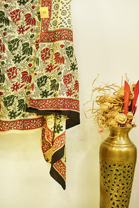 Beige Cotton Modal Suit with Printed Dupatta in Green and Red Prints