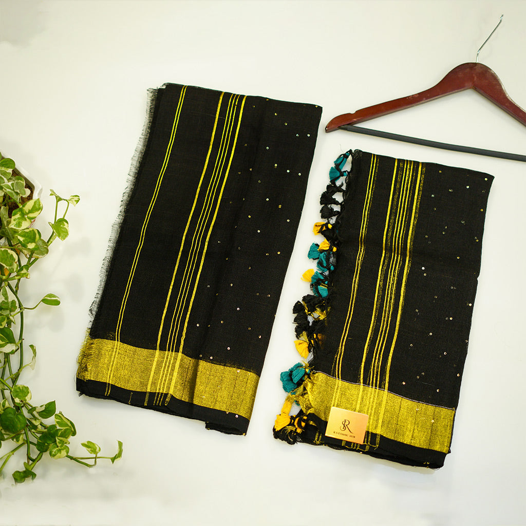 Black Linen Suit with Golden Border and Sequence All Over