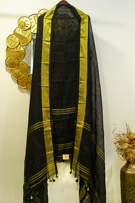 Black Linen Suit with Golden Border and Sequence All Over