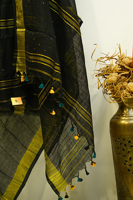 Black Linen Suit with Golden Border and Sequence All Over