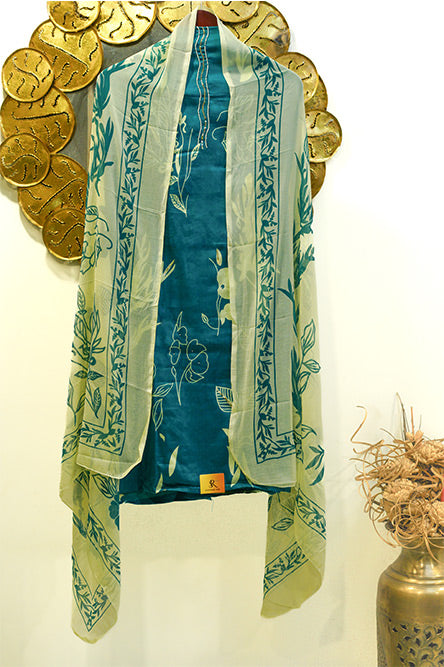 Turquoise Blue Glaze Cotton Suit with Chiffon Dupatta