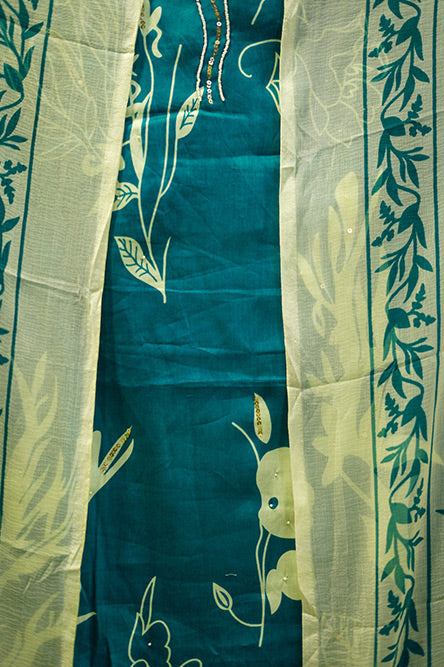 Turquoise Blue Glaze Cotton Suit with Chiffon Dupatta
