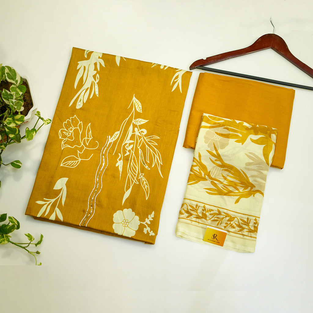 Mustard Yellow Glaze Cotton Suit with Chiffon Dupatta