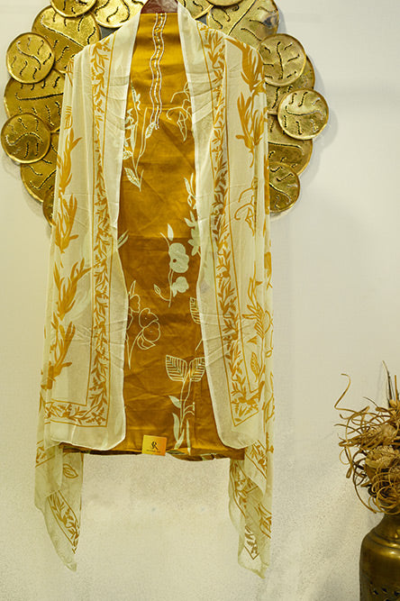 Mustard Yellow Glaze Cotton Suit with Chiffon Dupatta