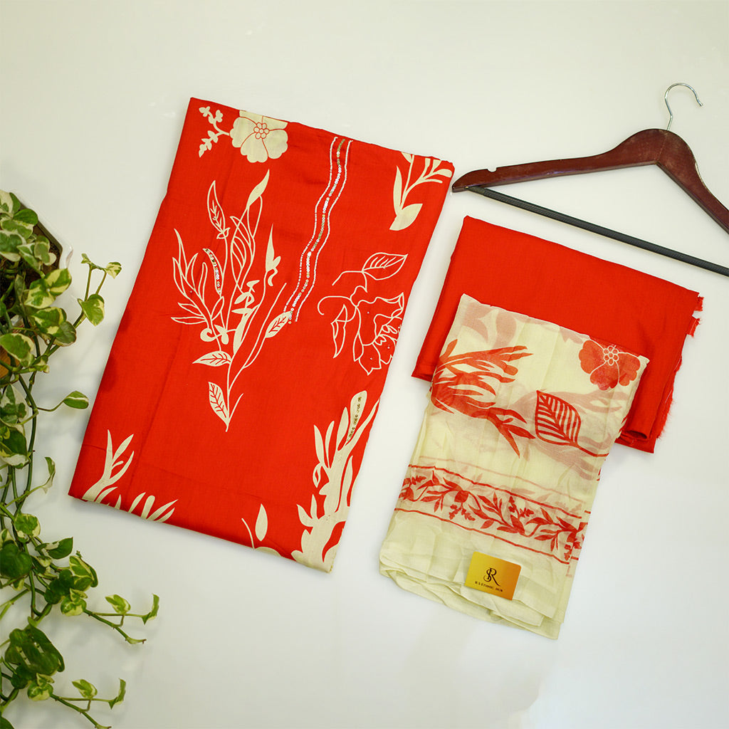 Red Glaze Cotton Suit with Chiffon Dupatta