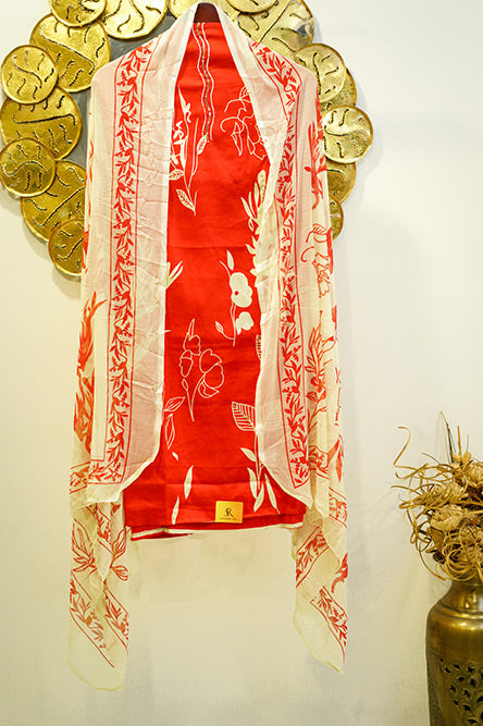 Red Glaze Cotton Suit with Chiffon Dupatta