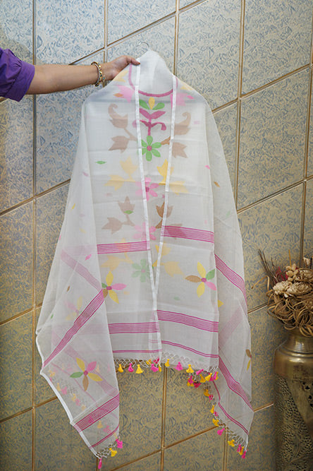White pure jamdani resham muslin suit