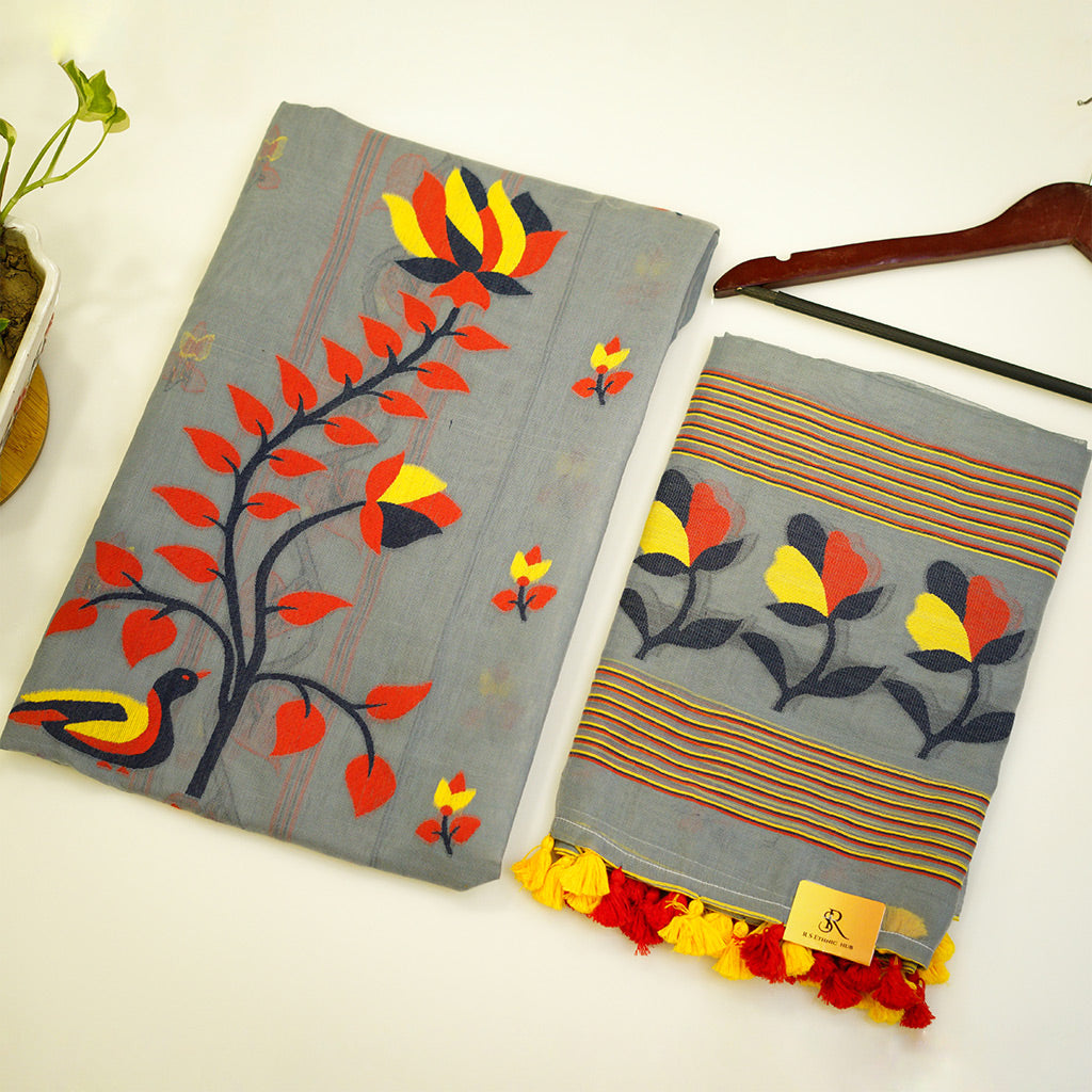 Grey Cotton Jamdani with Red Yellow Lotus and Bird