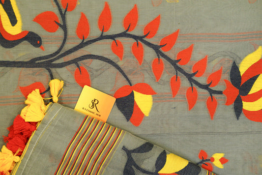 Grey Cotton Jamdani with Red Yellow Lotus and Bird