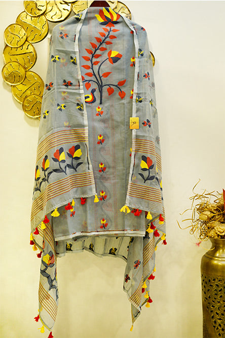 Grey Cotton Jamdani with Red Yellow Lotus and Bird