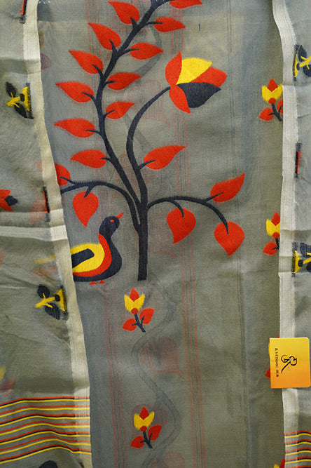 Grey Cotton Jamdani with Red Yellow Lotus and Bird