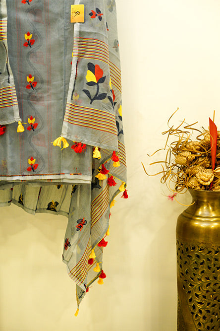 Grey Cotton Jamdani with Red Yellow Lotus and Bird