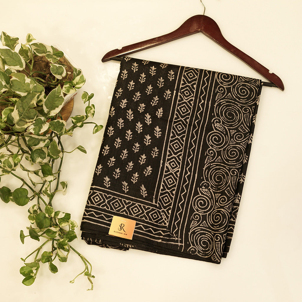 Black Handloom Cotton with blockprint