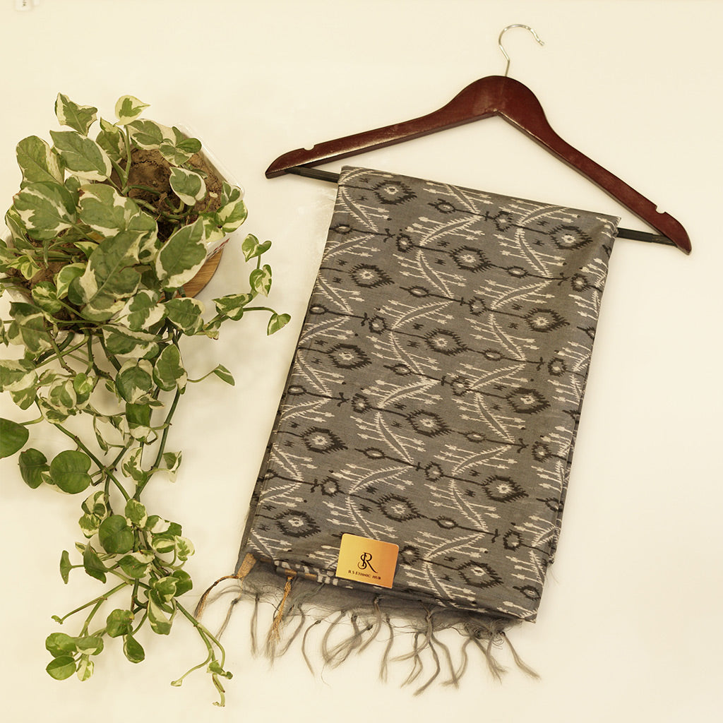 Grey cotton saree with handblock print