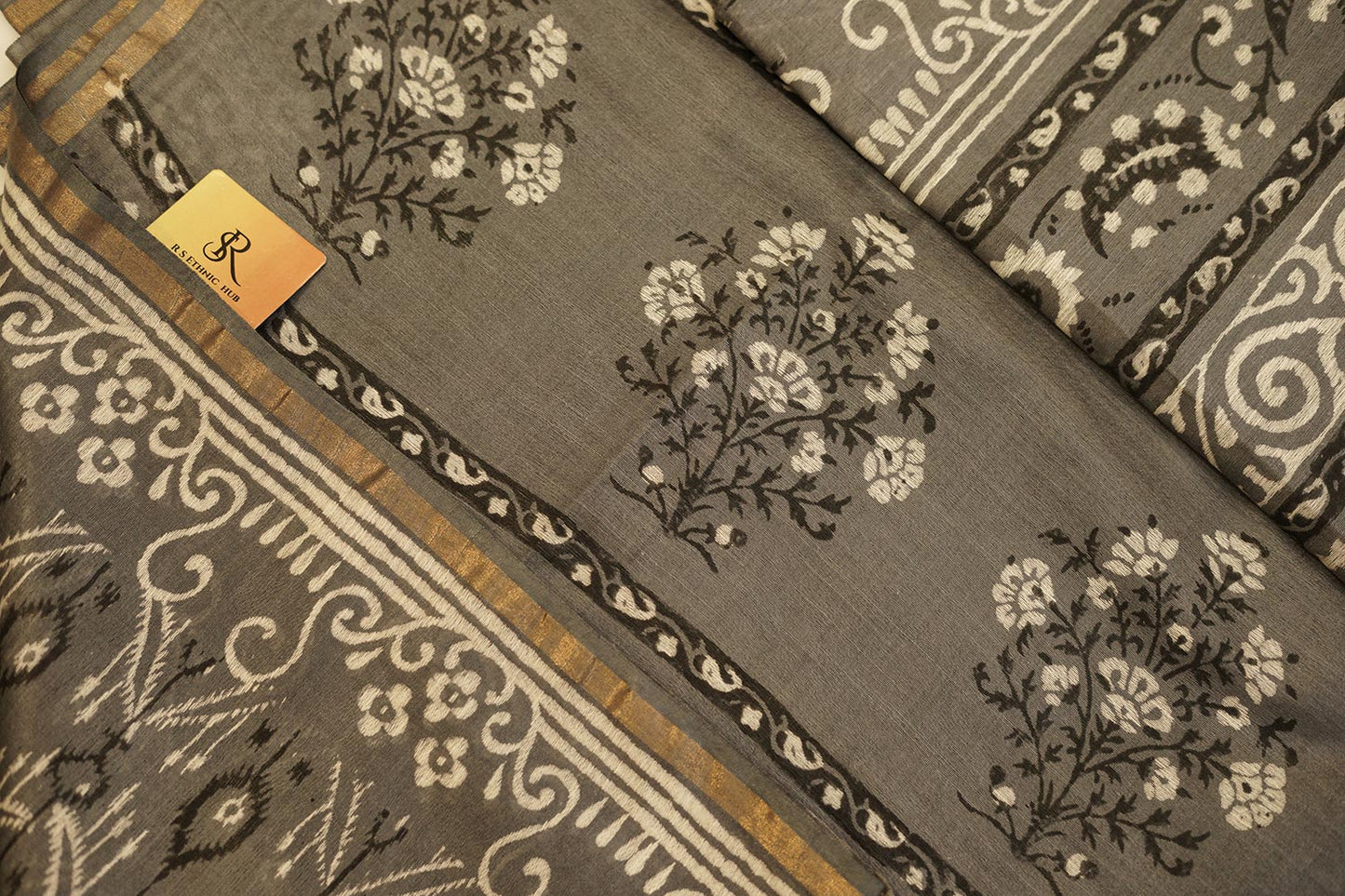 Grey cotton saree with handblock print