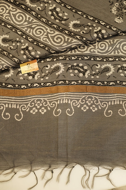 Grey cotton saree with handblock print