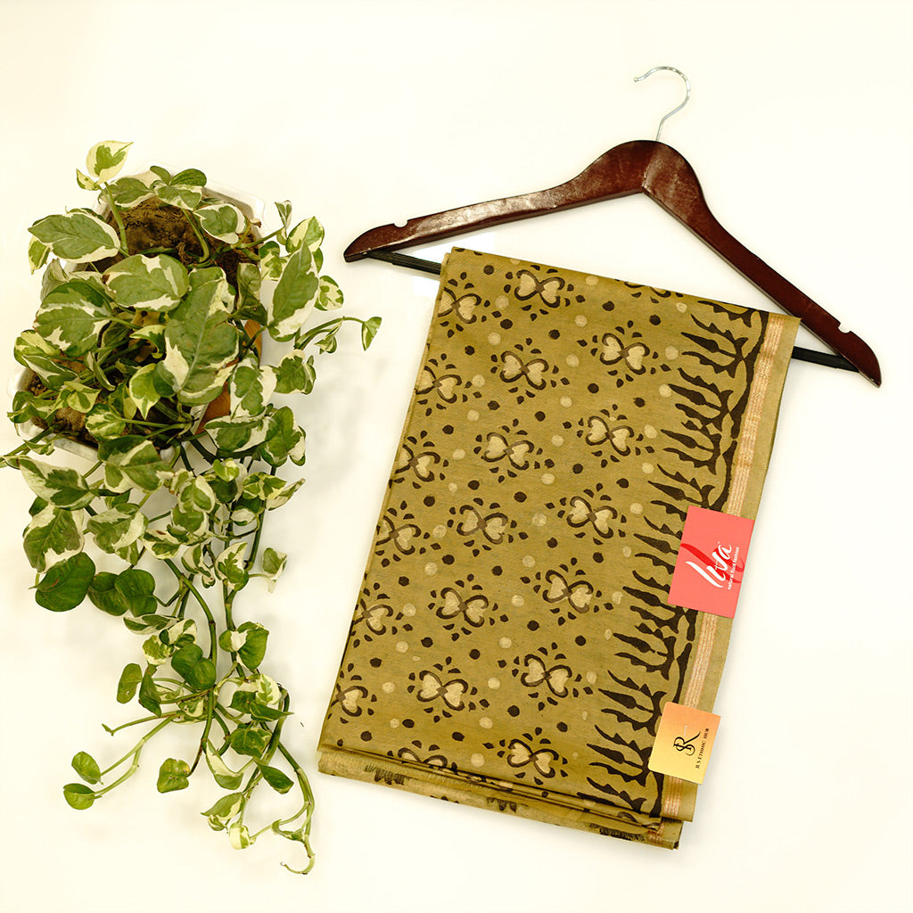 Green cotton saree with handblock print