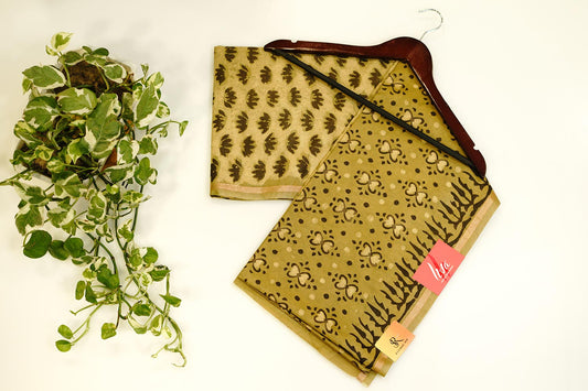Green cotton saree with handblock print