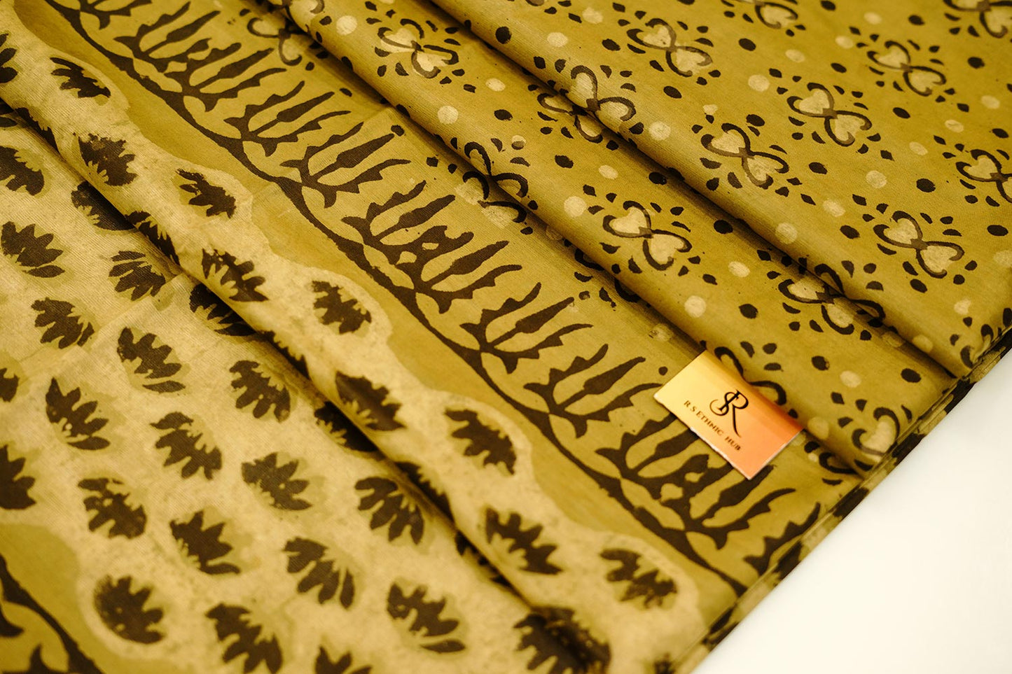 Green cotton saree with handblock print