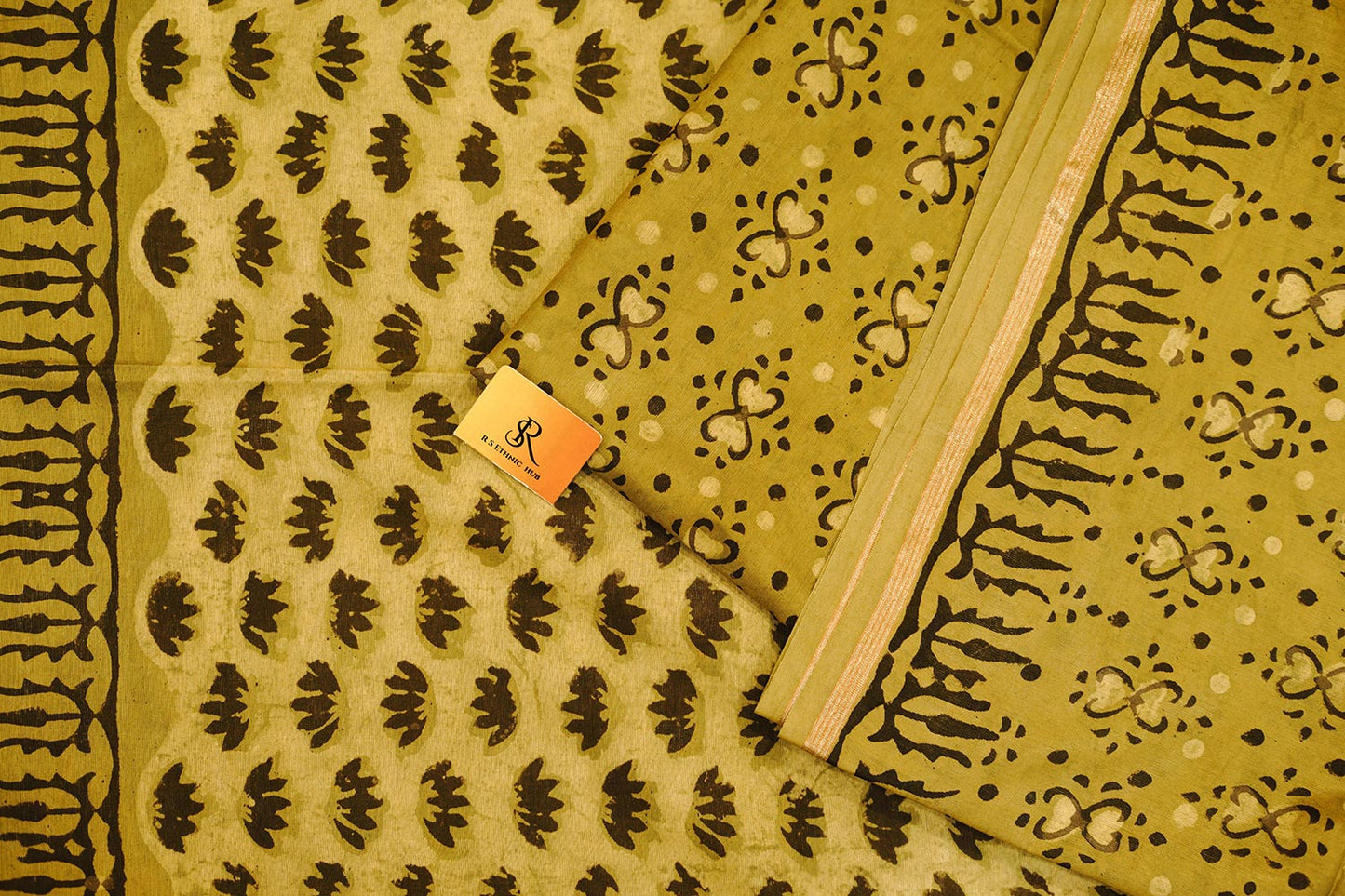 Green cotton saree with handblock print