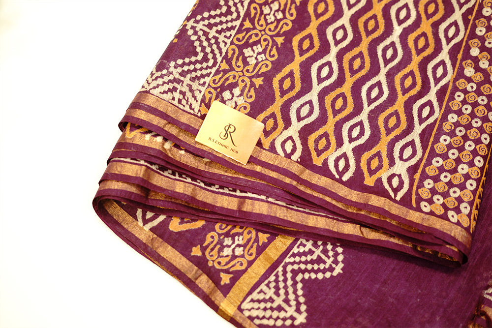 Purple white yellow cotton saree with handblock print