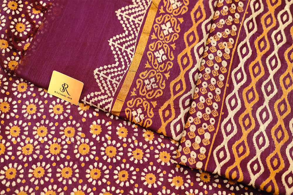 Purple white yellow cotton saree with handblock print