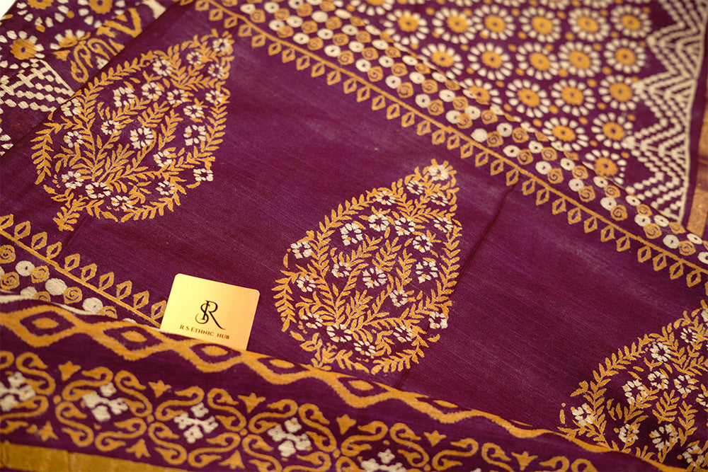 Purple white yellow cotton saree with handblock print