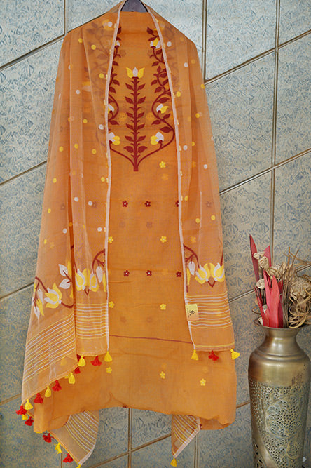 JAMDANI Light brown cotton jamdani suit with red and yellow embroidery