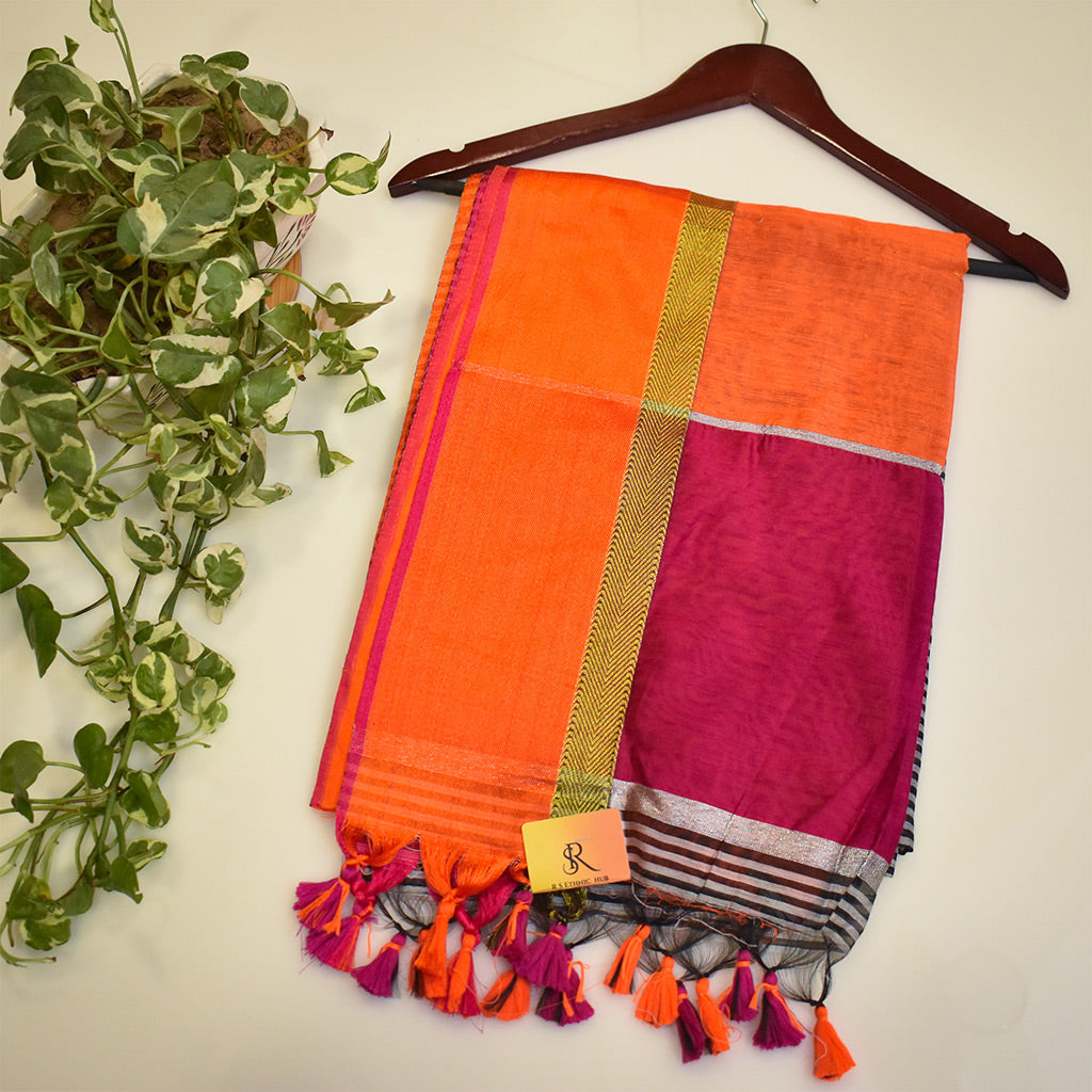 Maheshwari cotton silk saree with Grey and Black stripes and orange border