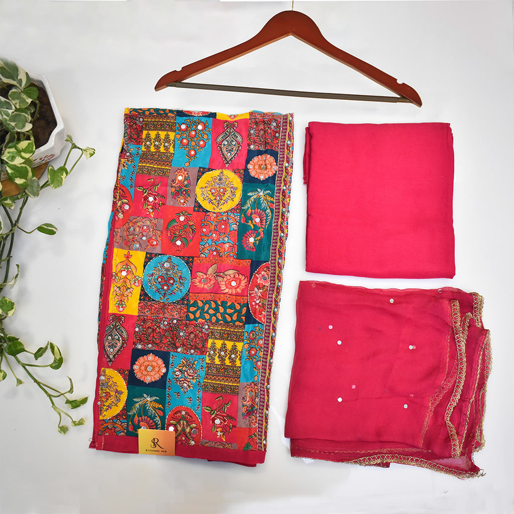 Pink crepe suit with mirror work and plain chiffon dupatta with mirror work